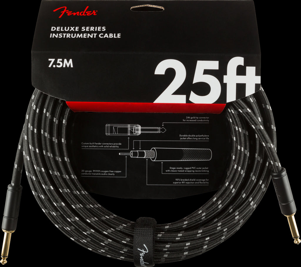 Fender Deluxe Series 25ft Straight/Straight Instrument Guitar Cable in Black Tweed
