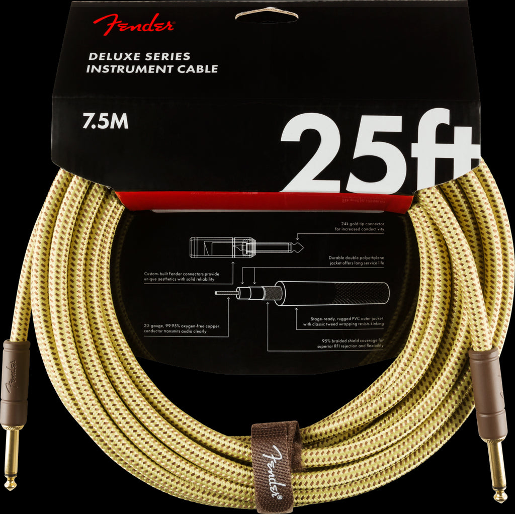 Fender Deluxe Series 25ft Straight/Straight Instrument Guitar Cable in Tweed