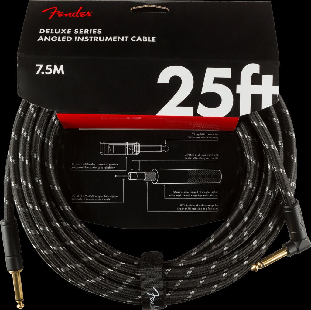 Fender Deluxe Series 25ft Straight/Angle Instrument Guitar Cable in Black Tweed