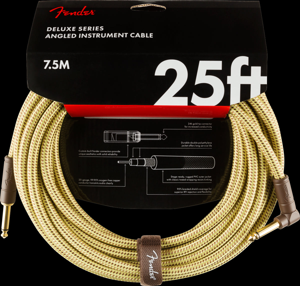 Fender Deluxe Series 25ft Straight/Angle Instrument Guitar Cable in Tweed