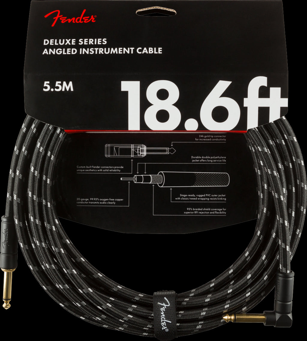 Fender Deluxe Series 18.6ft Straight/Angle Instrument Guitar Cable in Black Tweed