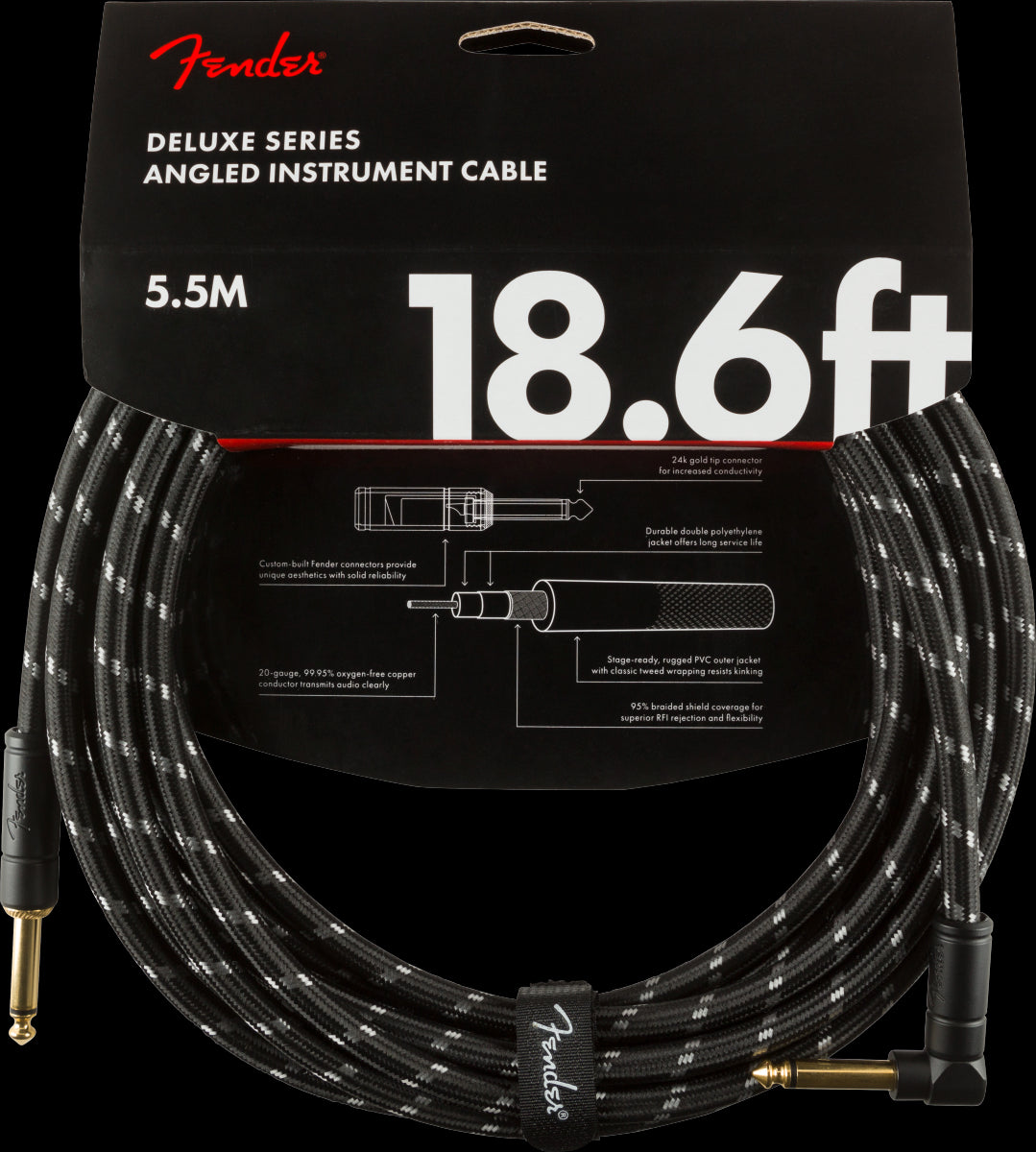 Fender Deluxe Series 18.6ft Straight/Angle Instrument Guitar Cable in Black Tweed