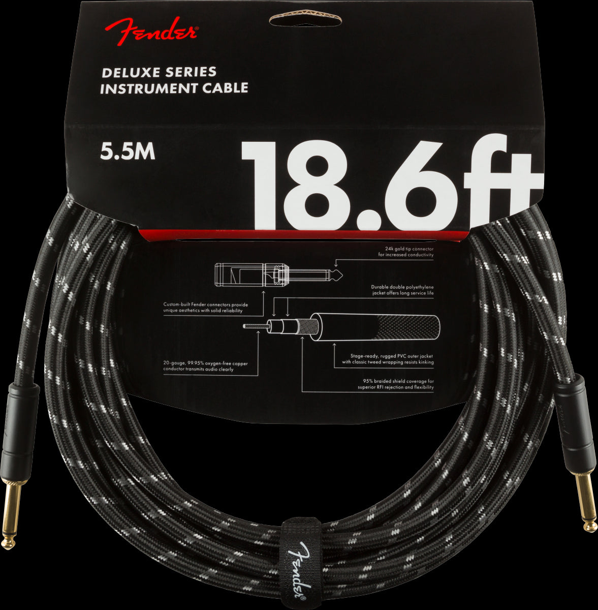 Fender Deluxe Series 18.6ft Straight/Straight Instrument Guitar Cable in Black Tweed
