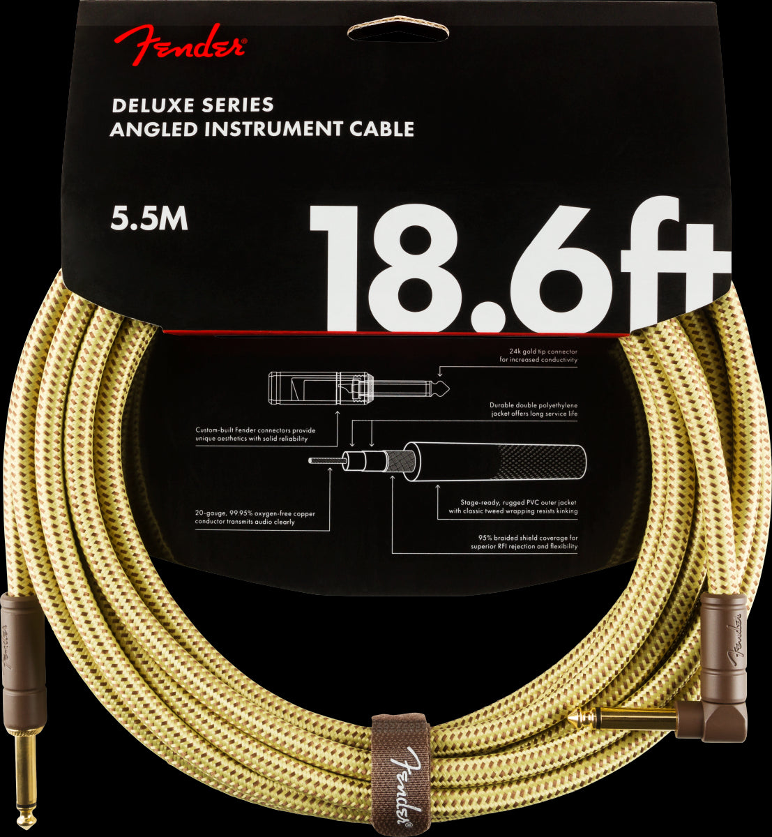 Fender Deluxe Series 18.6ft Straight/Angle Instrument Guitar Cable in Tweed