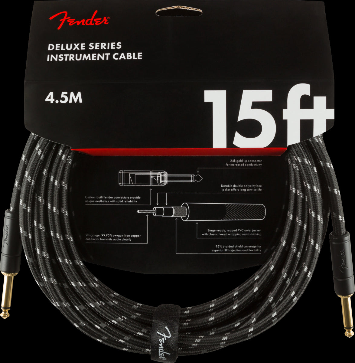 Fender Deluxe Series 15ft Straight/Straight Instrument Guitar Cable in Black Tweed