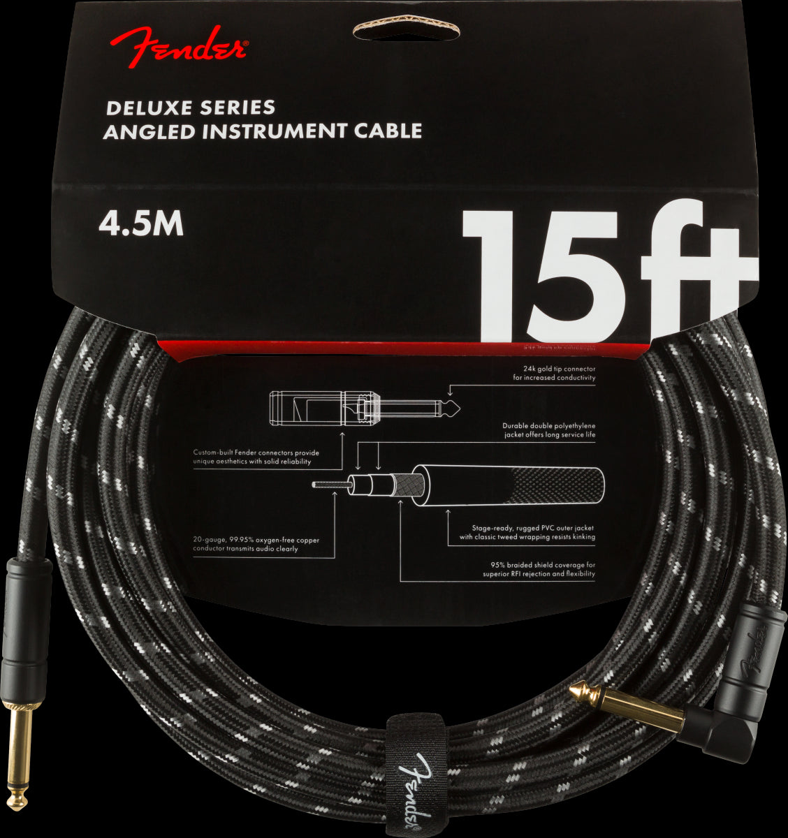 Fender Deluxe Series 15ft Straight/Angle Instrument Guitar Cable in Black Tweed