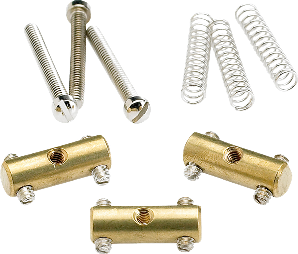 Fender Pure Vintage 52 Telecaster brass saddle set with three guitar parts for vintage-style Telecaster guitar.