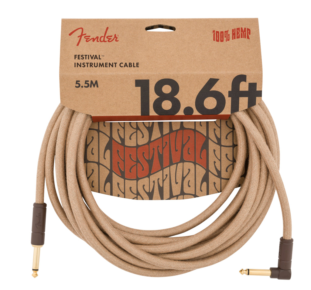 Fender Festival Pure Hemp 18.6ft Angled Instrument Guitar Cable in Natural