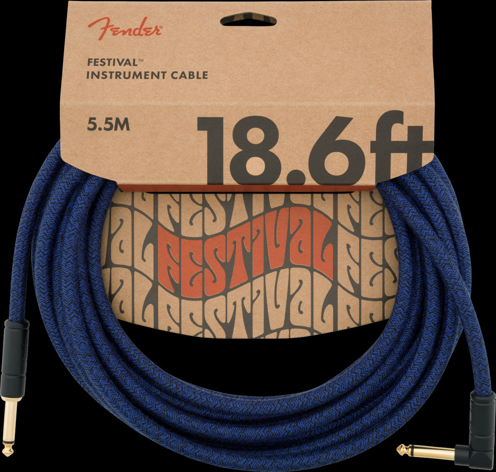 Fender Festival Pure Hemp 18.6ft Angled Instrument Guitar Cable in Blue Dream