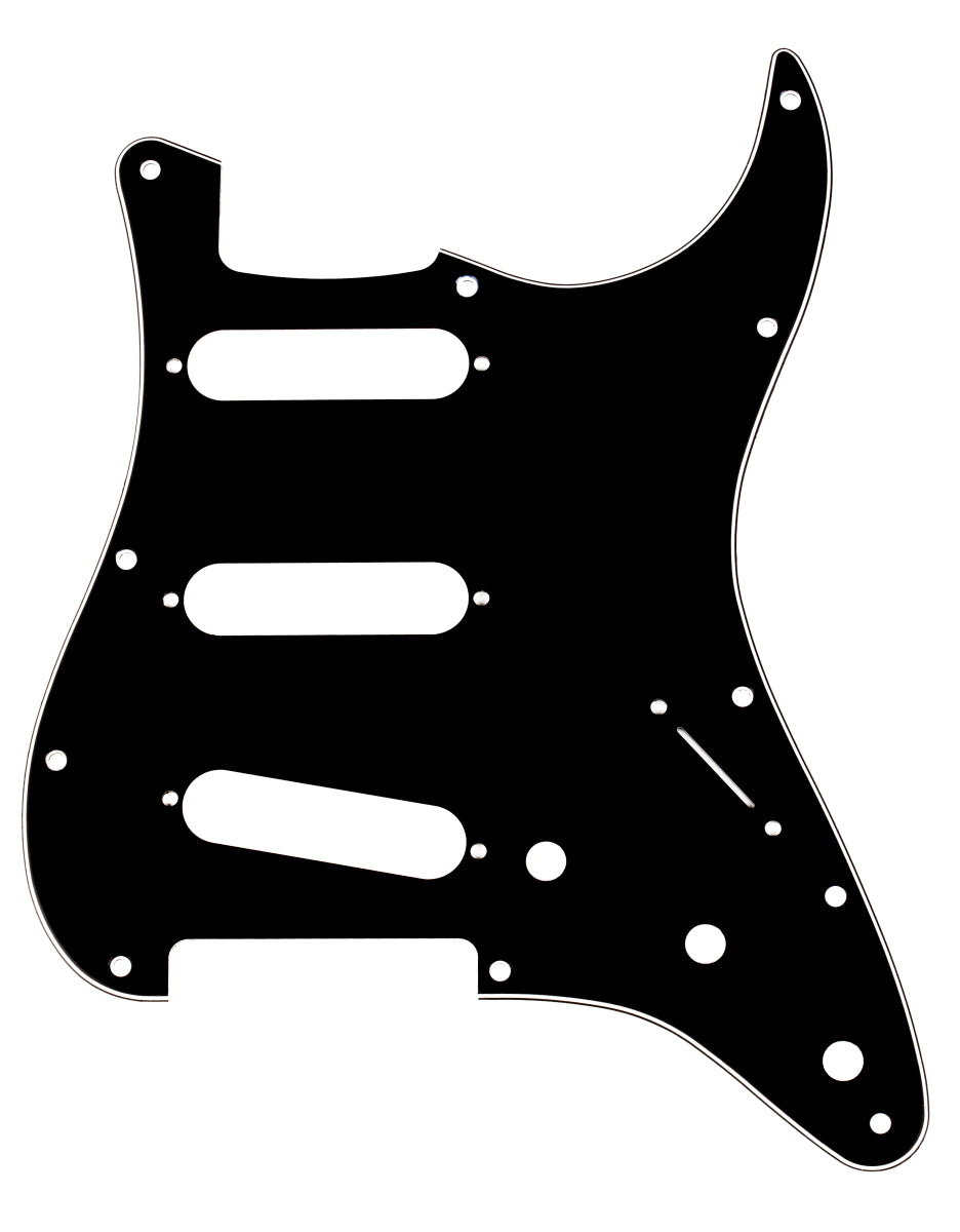 Fender Stratocaster SSS 11-hole 3-ply pickguard in black, white, black color scheme for electric guitar parts.