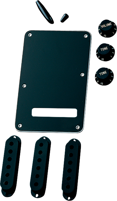 Fender accessory kit for Stratocaster guitar in black, includes strings, picks, and tools for guitar maintenance and setup.