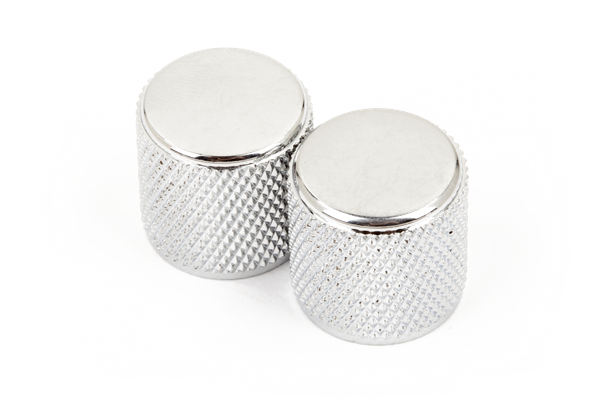 Set of two Fender chrome dome knobs with knurled texture for Telecaster or Precision Bass guitar controls.