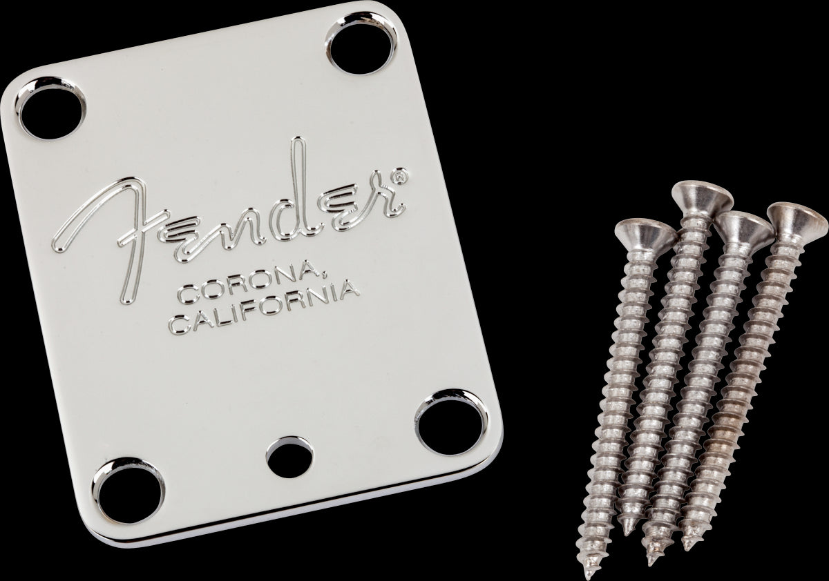 Fender 4-Bolt American Series Guitar Neck Plate - Fender Corona Stamp - Chrome