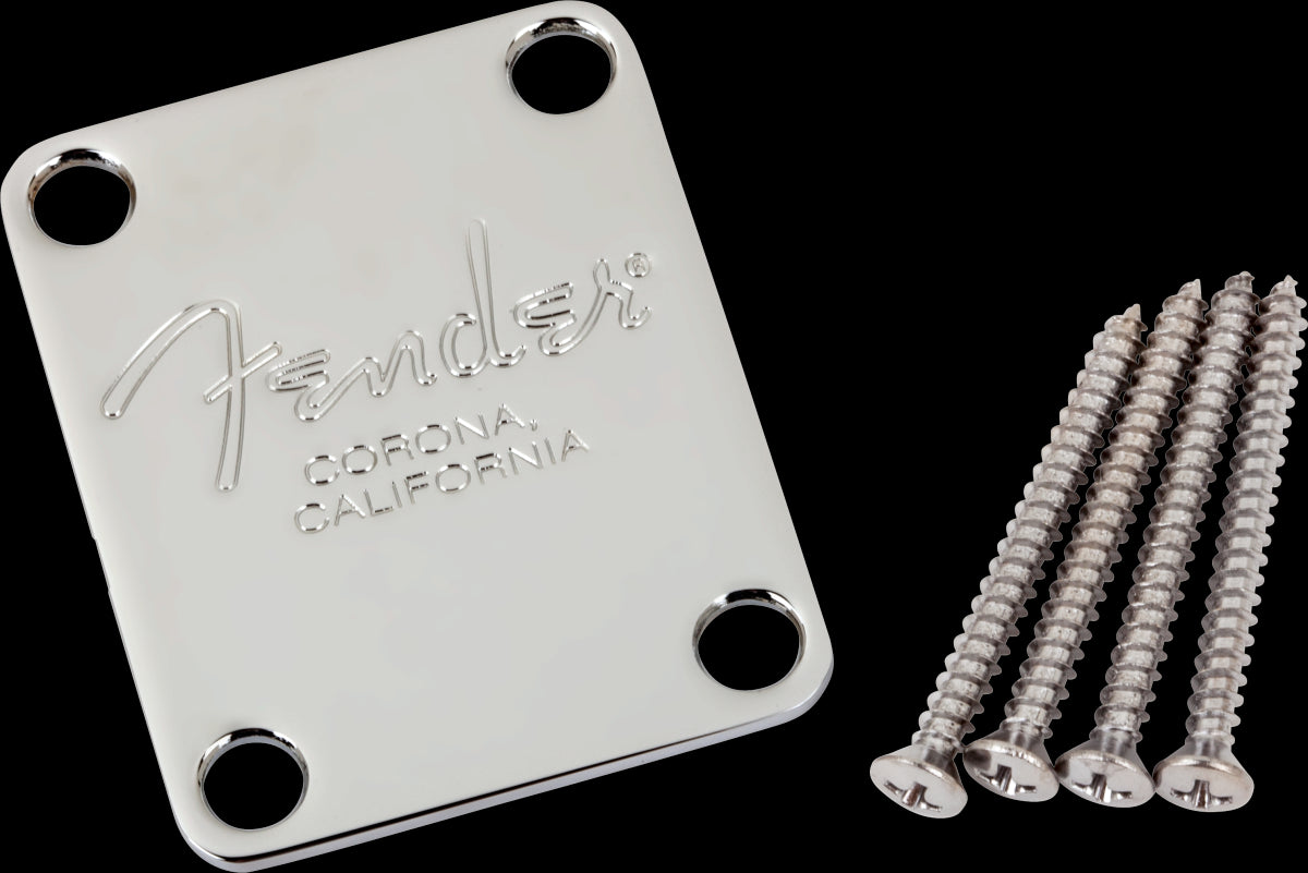 Fender 4-Bolt American Series Bass Neck Plate - Fender Corona Stamp - Chrome