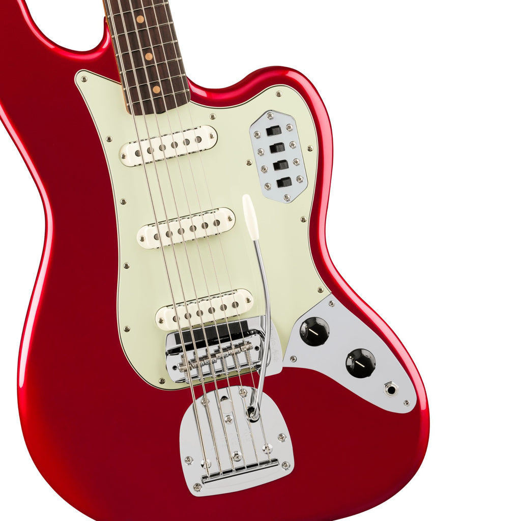Fender Vintera III Early '60s Bass VI guitar with rosewood fingerboard in bright Candy Apple Red, detailed close-up of the instrument.