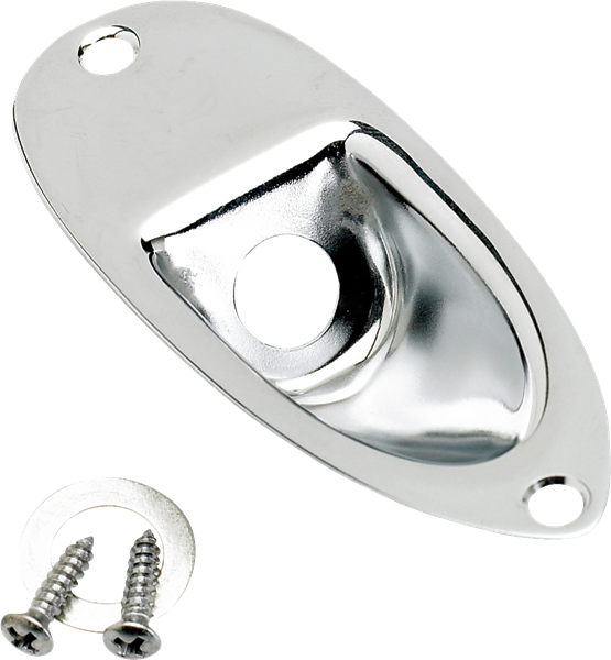 Chrome Fender Stratocaster jack ferrule for guitar, showing the shiny metal component used to secure output jacks.
