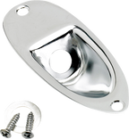 Chrome Fender Stratocaster jack ferrule for guitar, showing the shiny metal component used to secure output jacks.