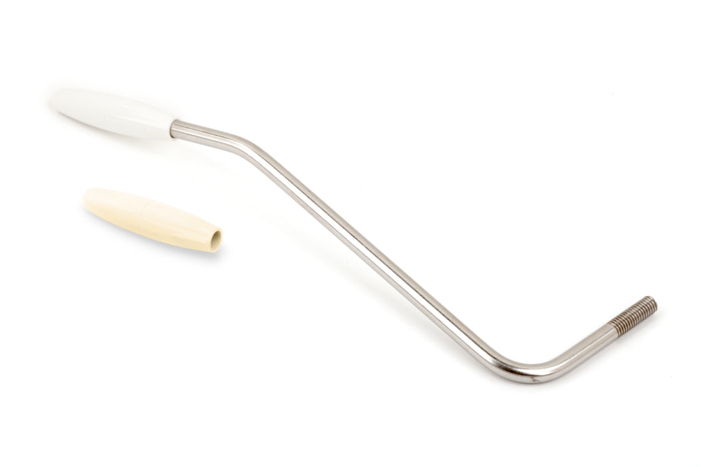 Fender American Standard Stratocaster chrome tremolo arm for electric guitar, showing the shiny metal finish and attachment end.