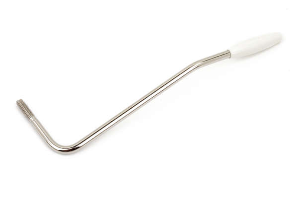 Chrome Fender American Standard left-handed Stratocaster tremolo arm for guitar, featuring a sleek metal finish and precise fit.
