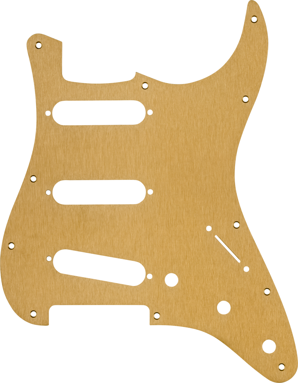Fender Stratocaster SSS 11-hole gold anodized aluminum 1-ply pickguard for electric guitar, with visible screw holes and finish.