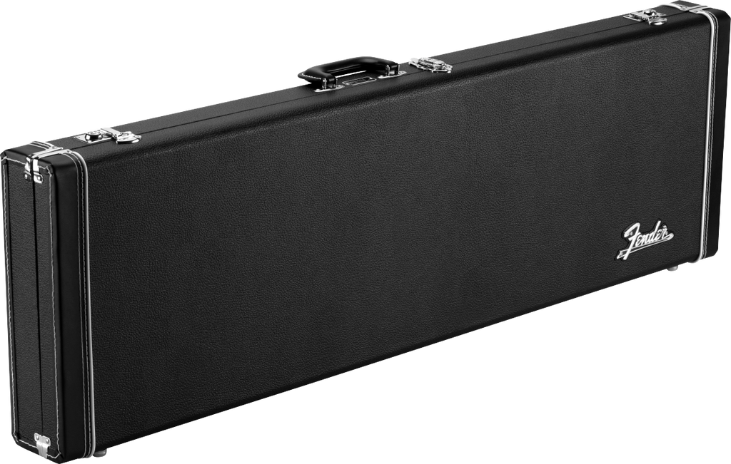 Fender Classic Series wood guitar case in black for Mustang and Duo Sonic electric guitars, sturdy protective hard shell design.