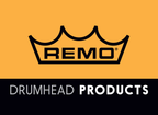 Small black Remo logo on orange background for drum heads display header, featuring the Remo Slat Wall Graphic Header.