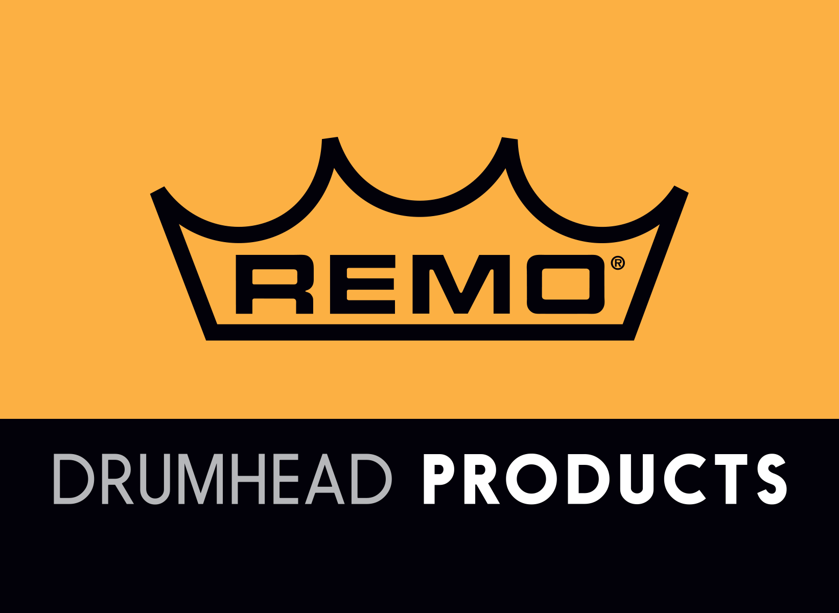 Small black Remo logo on orange background for drum heads display header, featuring the Remo Slat Wall Graphic Header.