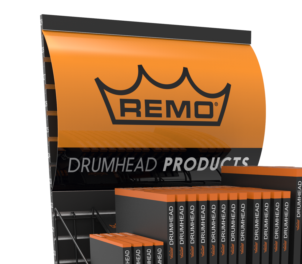 Small black Remo logo on orange background for drum head display graphic header, showcasing Remo brand and vibrant design.
