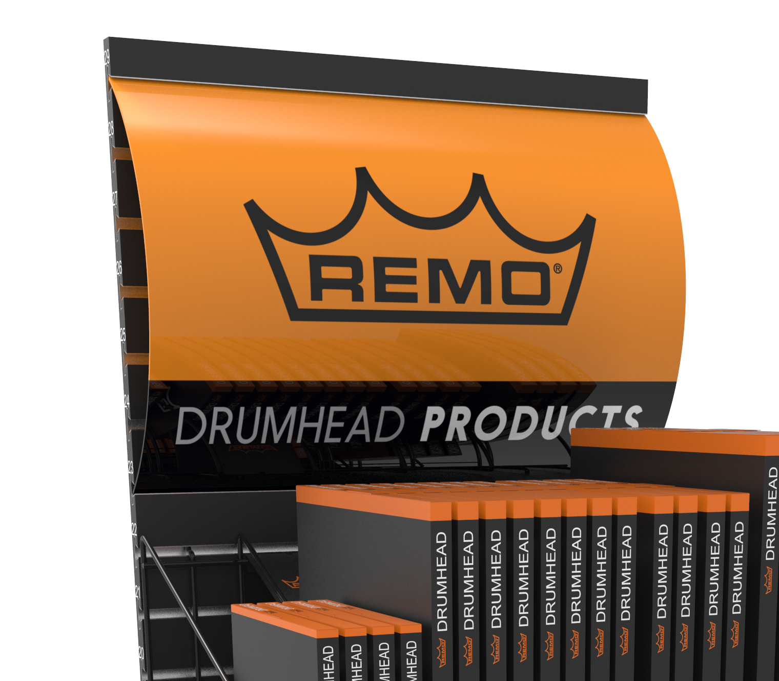 Small black Remo logo on orange background for drum head display graphic header, showcasing Remo brand and vibrant design.