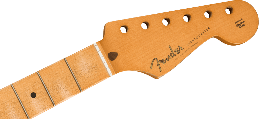 Fender Road Worn 50’s Stratocaster maple neck with soft V shape and 21 vintage tall frets, guitar part on a plain background