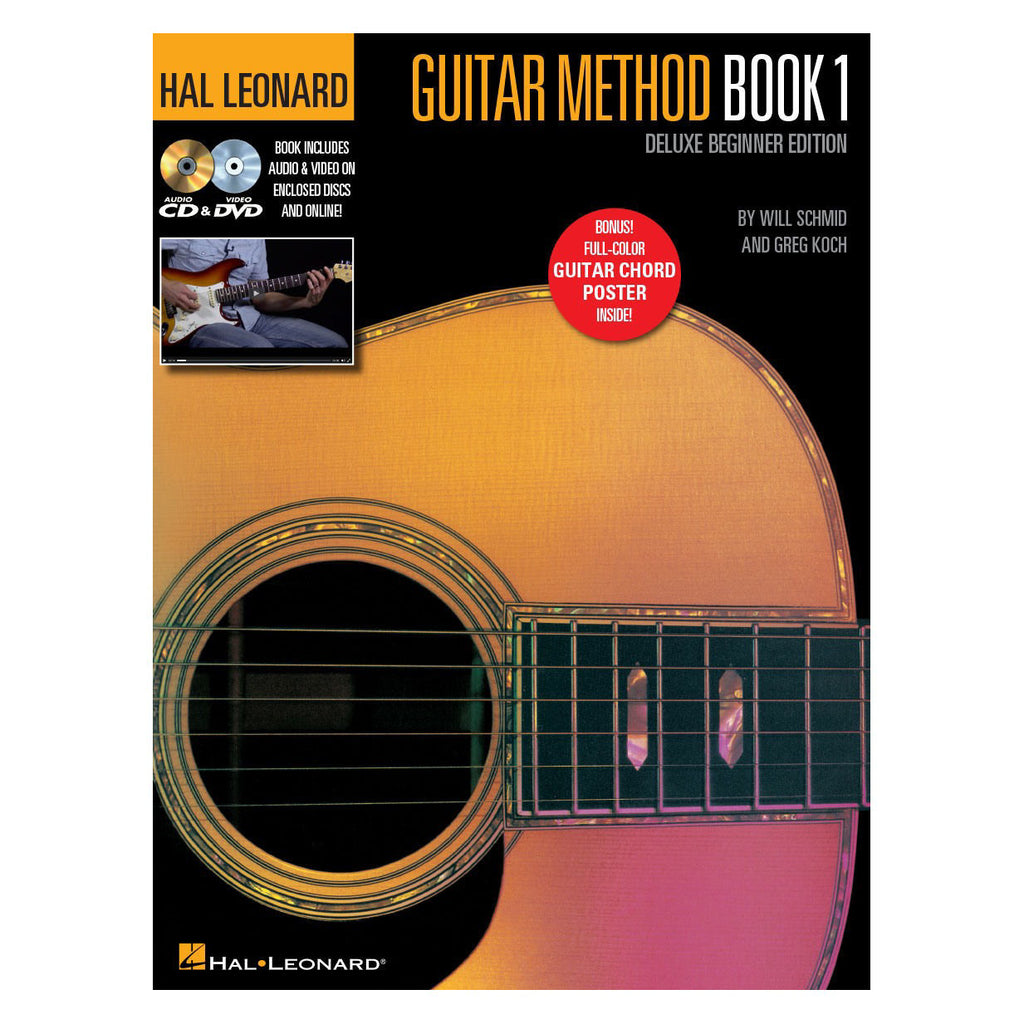 Hal Leonard Guitar Method Book 1 Deluxe Beginner Edition, guitar instruction book with colorful cover and beginner-friendly layout.