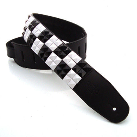 DSL Straps Metal Series Pyramid Metal Leather Guitar Strap 2.5in - Black & White Box