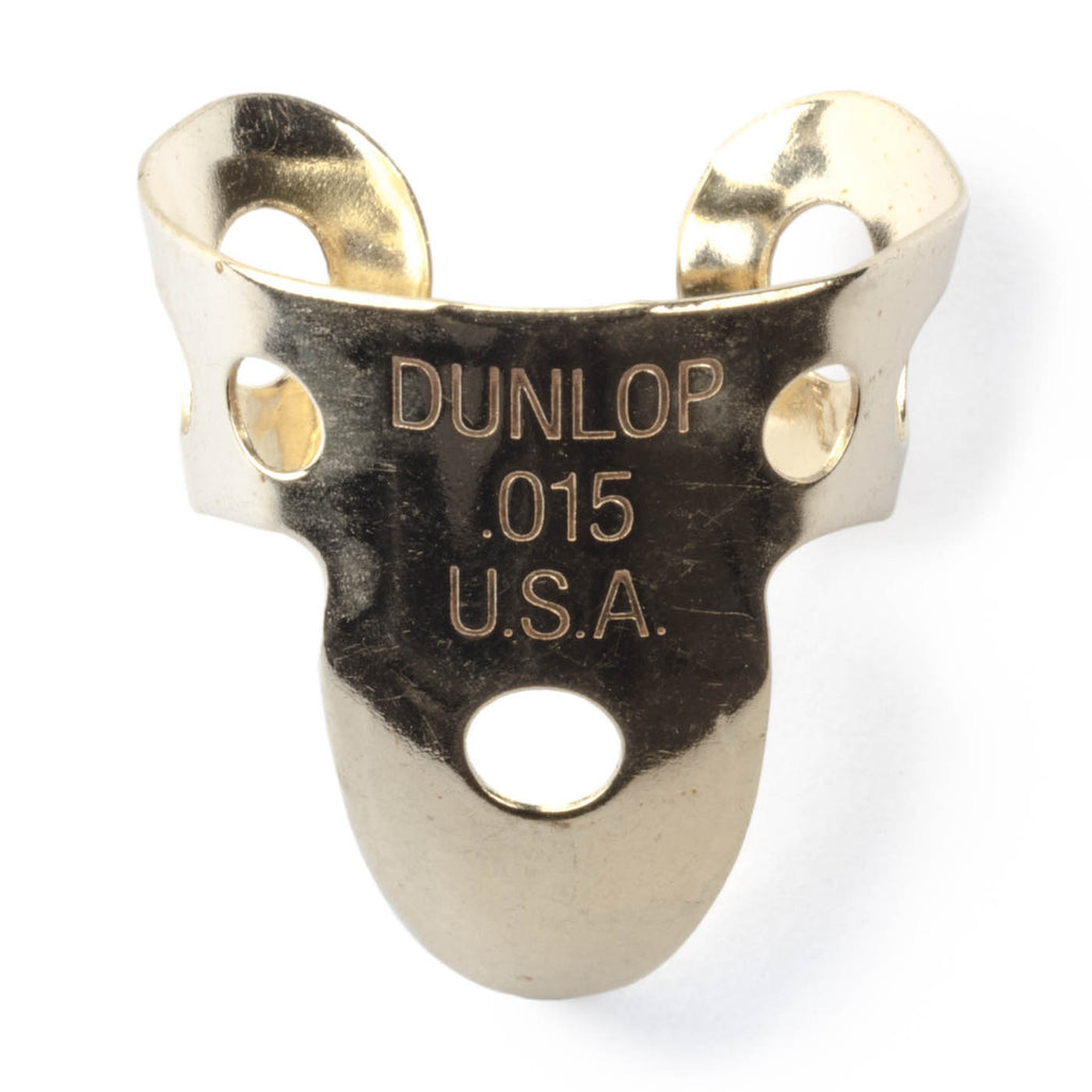 Dunlop Jim Dunlop Brass Finger Pick .015 for guitar playing, showing a shiny brass pick designed to fit on a finger.