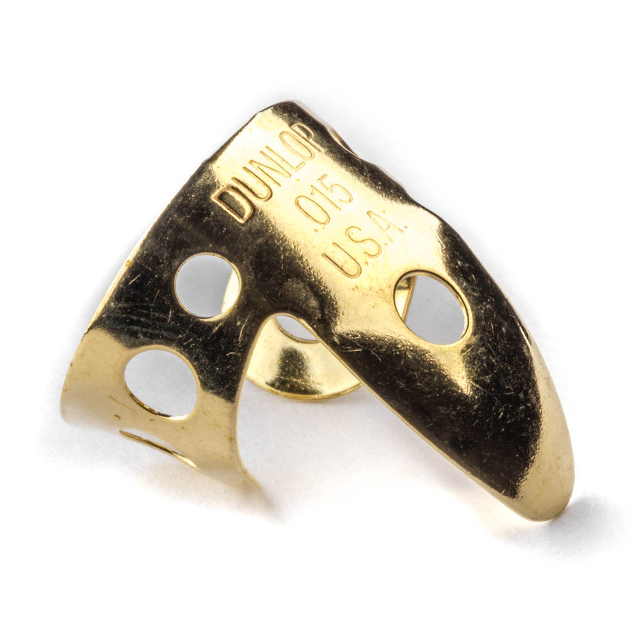 Dunlop Brass Finger Pick .015 gauge for guitar players, shown on a white background, highlighting its metal construction and size.