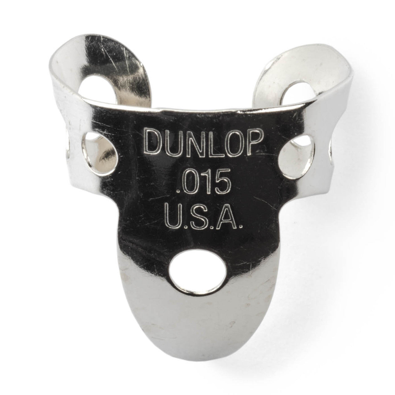Dunlop Nickel Fingerpick 0.015-inch for guitar playing, made of durable nickel, fitting securely on fingers for precise strumming.