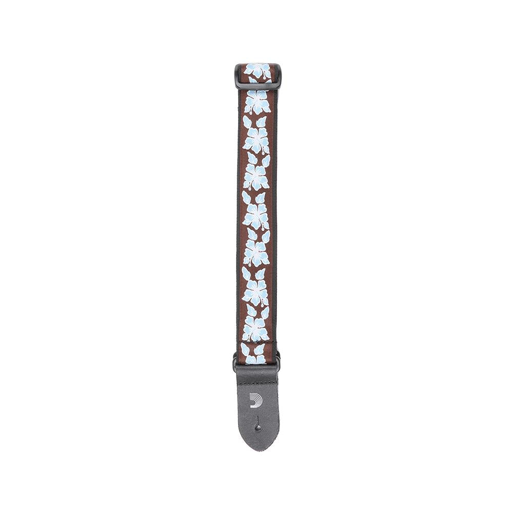 D'Addario Planet Waves 1.5 UKE strap with Aloha jacquard pattern, adjustable guitar strap for ukuleles and lightweight instruments.