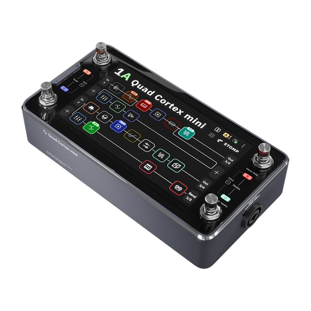 Neural DSP Quad Cortex Mini multi-effect pedal with multiple control knobs and input/output jacks for guitar processing.