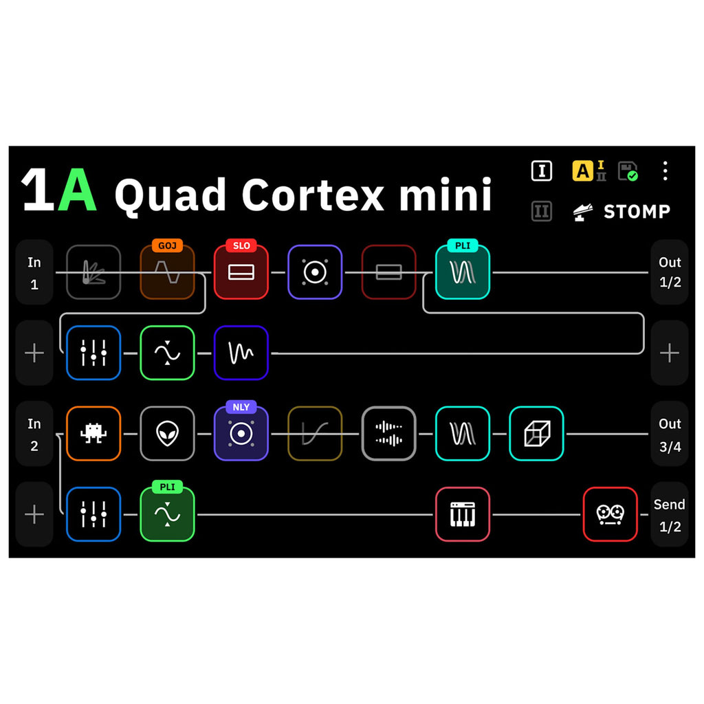 Neural DSP Quad Cortex Mini multi-effect pedal with interface and control knobs, compact guitar effects processor.