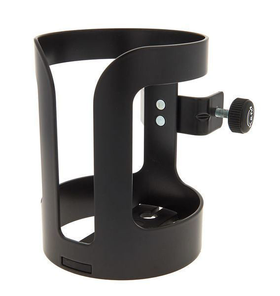K&M 16022 large drink holder attached to a stand, featuring a 100 mm cup capacity and durable bracket design.
