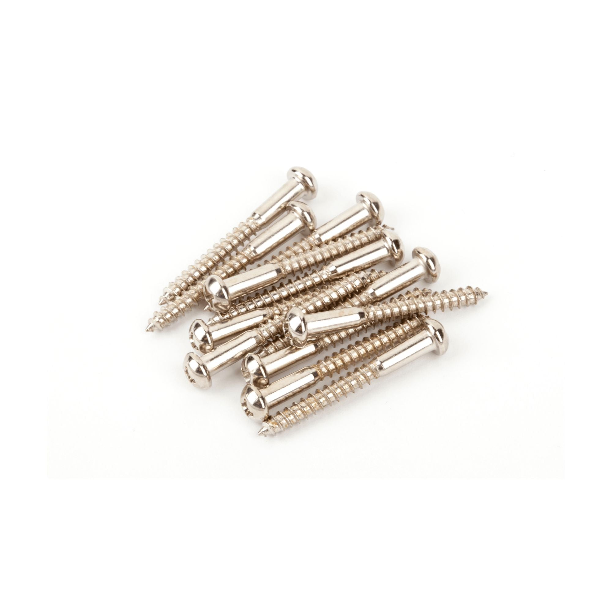 Fender vintage style Strat guitar bridge screws with 12 Phillips head, nickel finish, for replacing or upgrading guitar hardware.