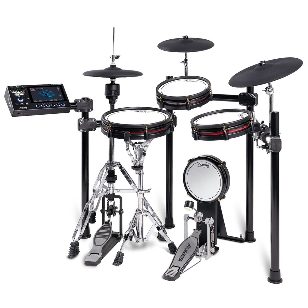 Alesis StrataClub 7-piece electric drum kit with touchscreen, featuring drum pads, cymbals, and control panel for electronic drumming.