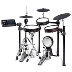 Alesis StrataClub 7-piece electric drum kit with touchscreen, featuring drum pads, cymbals, and control panel for electronic drumming.
