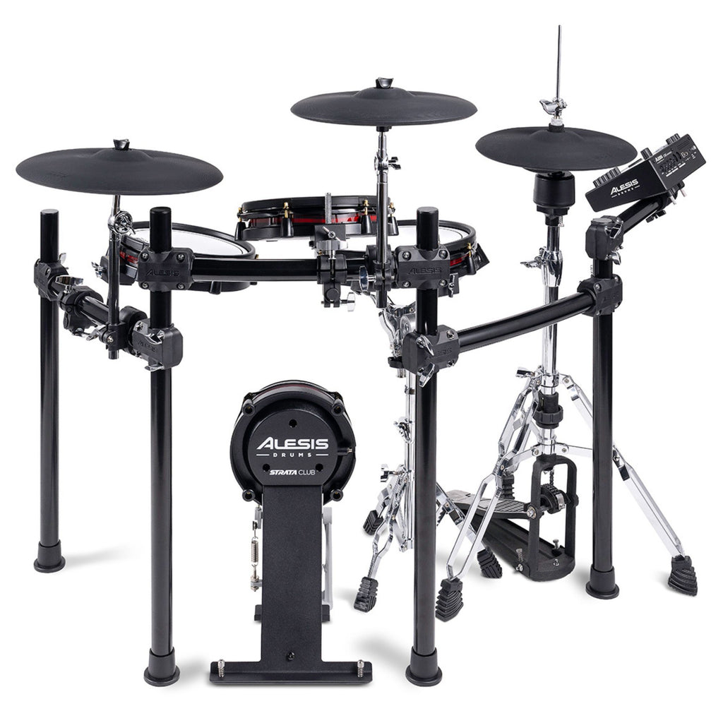Alesis StrataClub 7-piece electronic drum kit with touchscreen, featuring drum pads, cymbals, and control module for electronic drumming.