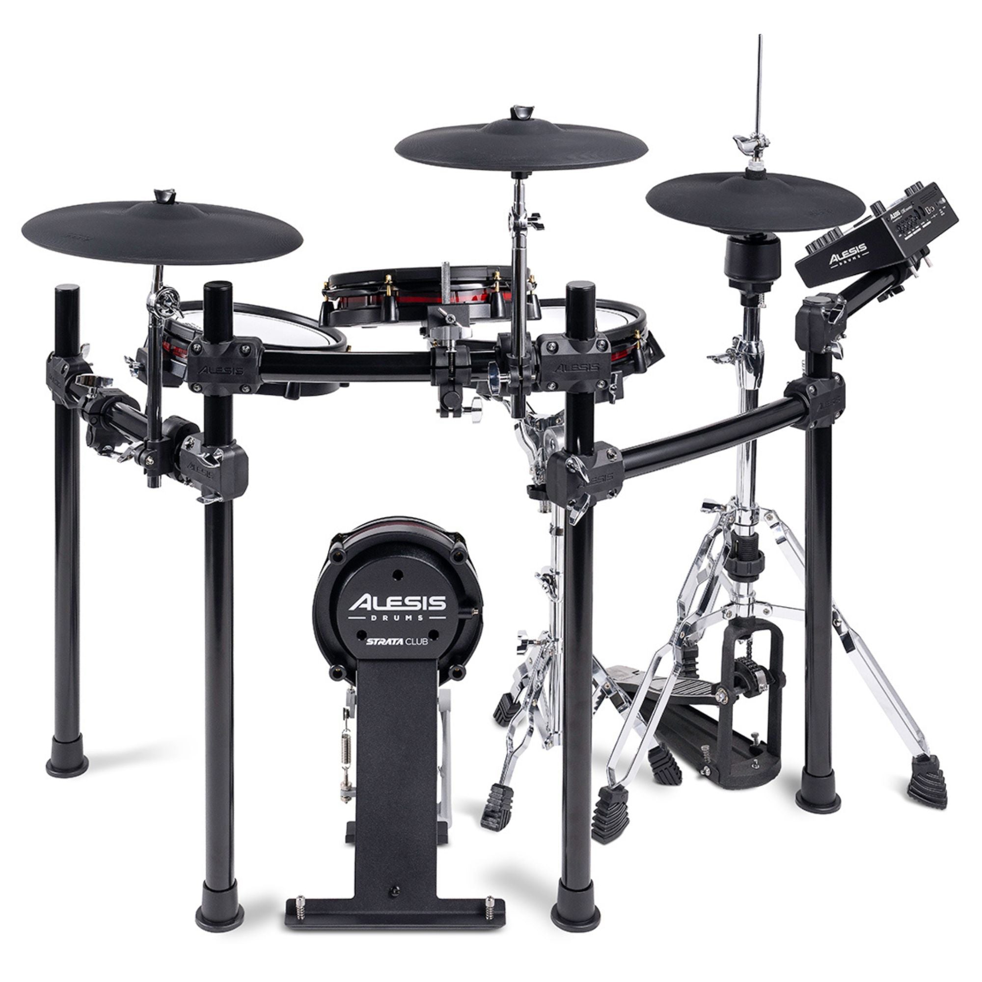 Alesis StrataClub 7-piece electronic drum kit with touchscreen, featuring drum pads, cymbals, and control module for electronic drumming.