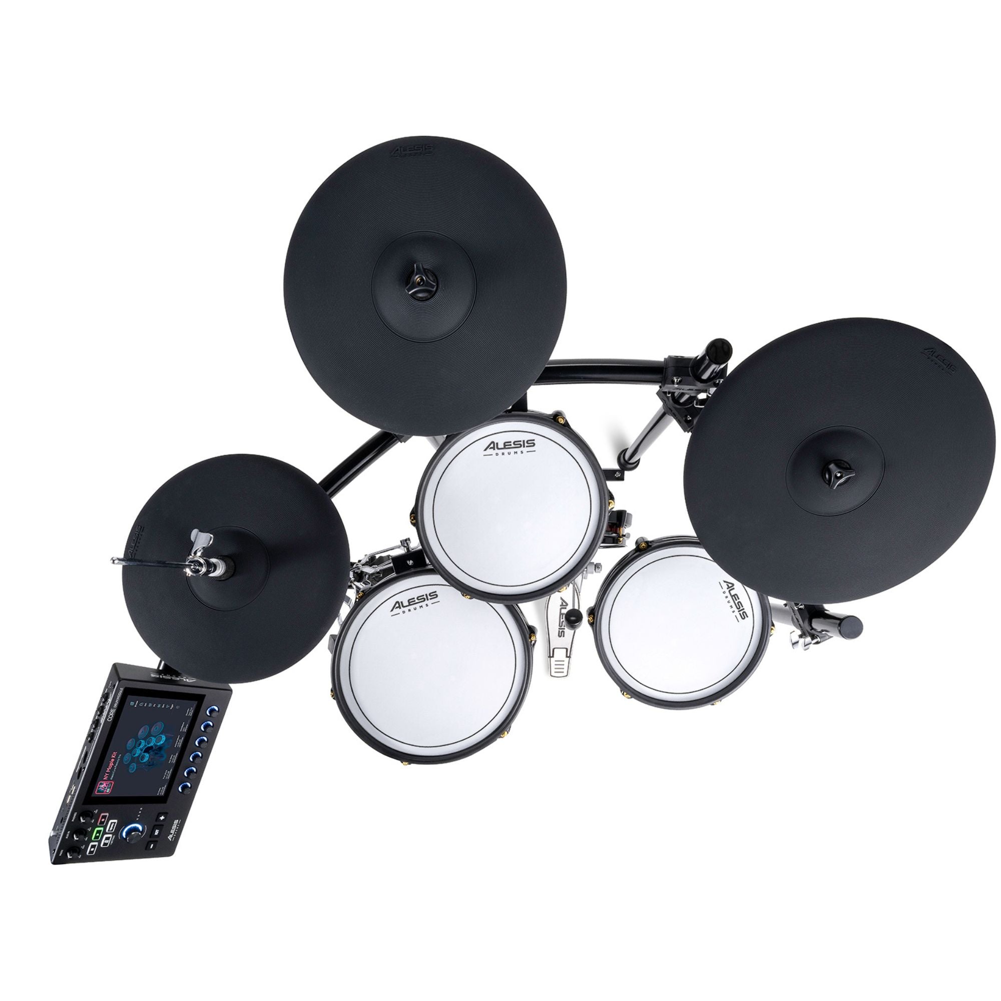 Alesis StrataClub 7-piece electronic drum kit with touchscreen, featuring drum pads, cymbals, and control module for electronic drumming.