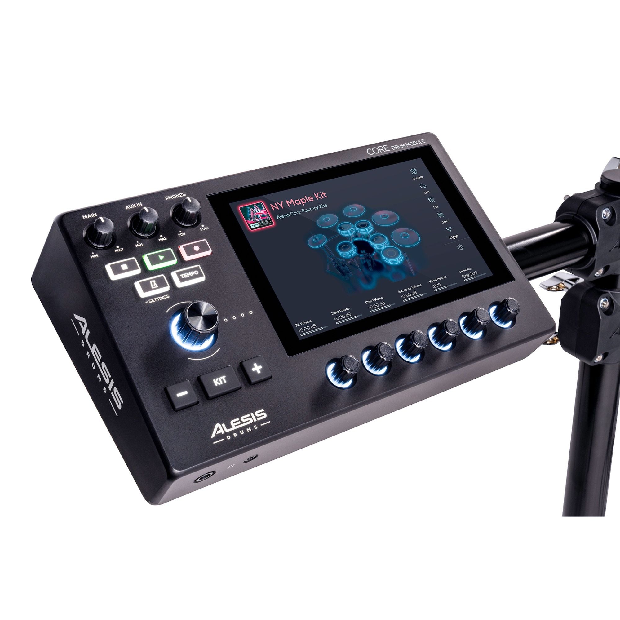 Alesis StrataClub 7-piece electric drum kit with touchscreen, electronic drum set featuring drum pads and control interface.
