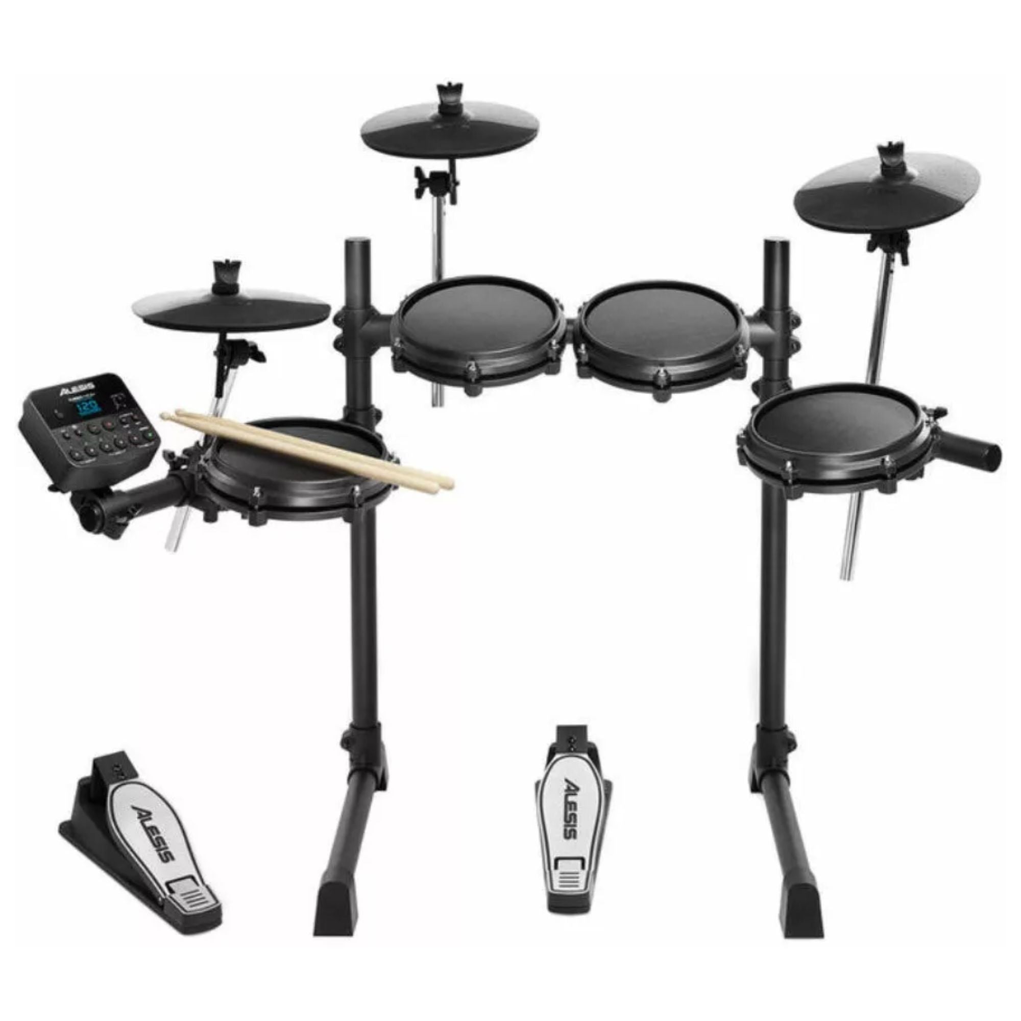 Alesis Turbo Mesh 5-piece electronic drum kit with mesh drum heads and kick pedal, ideal for quiet practice and recording.
