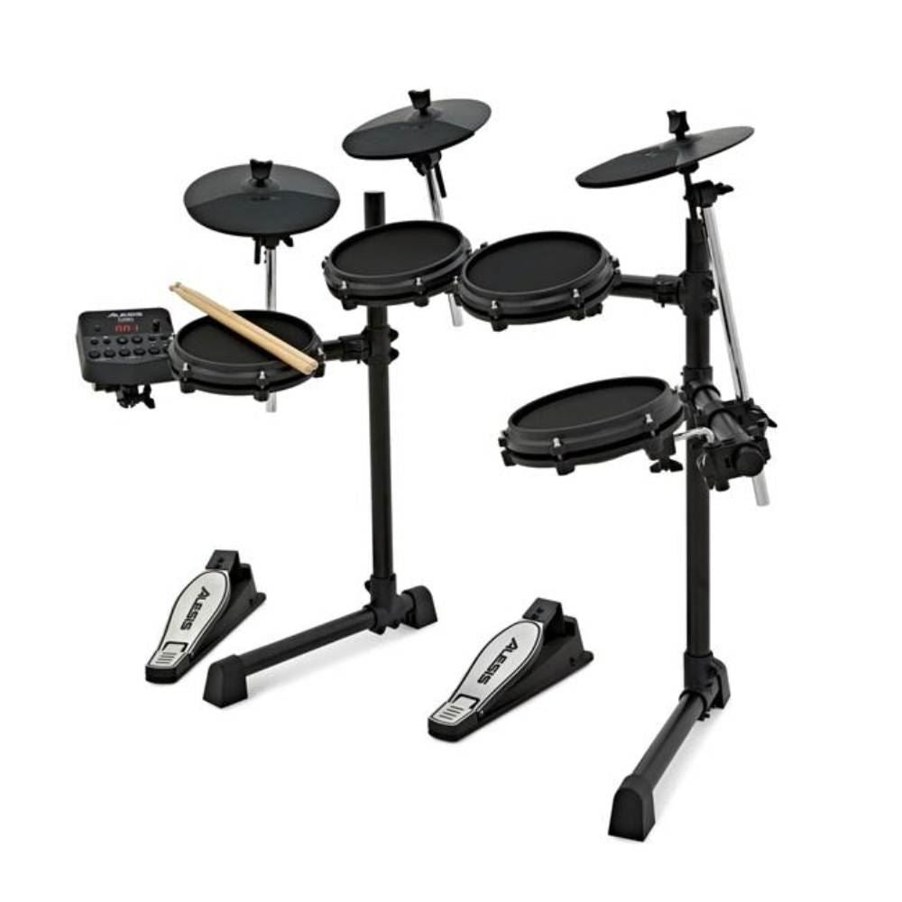 Alesis Turbo Mesh 5-piece electronic drum kit with mesh drum heads, kick pedal, and electronic drum modules on a stand.