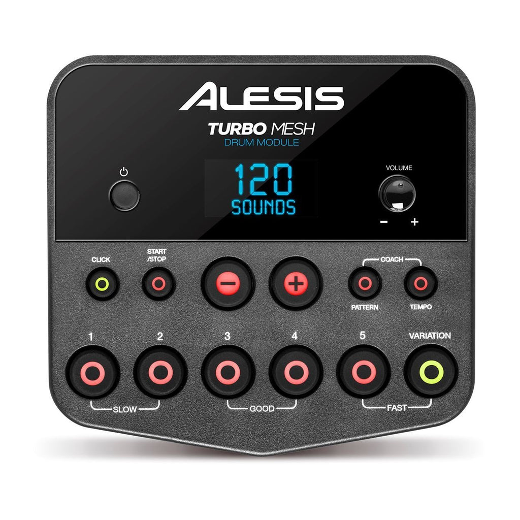 Alesis Turbo Mesh 5-piece electronic drum kit with mesh heads and kick pedal, featuring drum pads, cymbals, and control module.