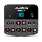 Alesis Turbo Mesh 5-piece electronic drum kit with mesh heads and kick pedal, featuring drum pads, cymbals, and control module.